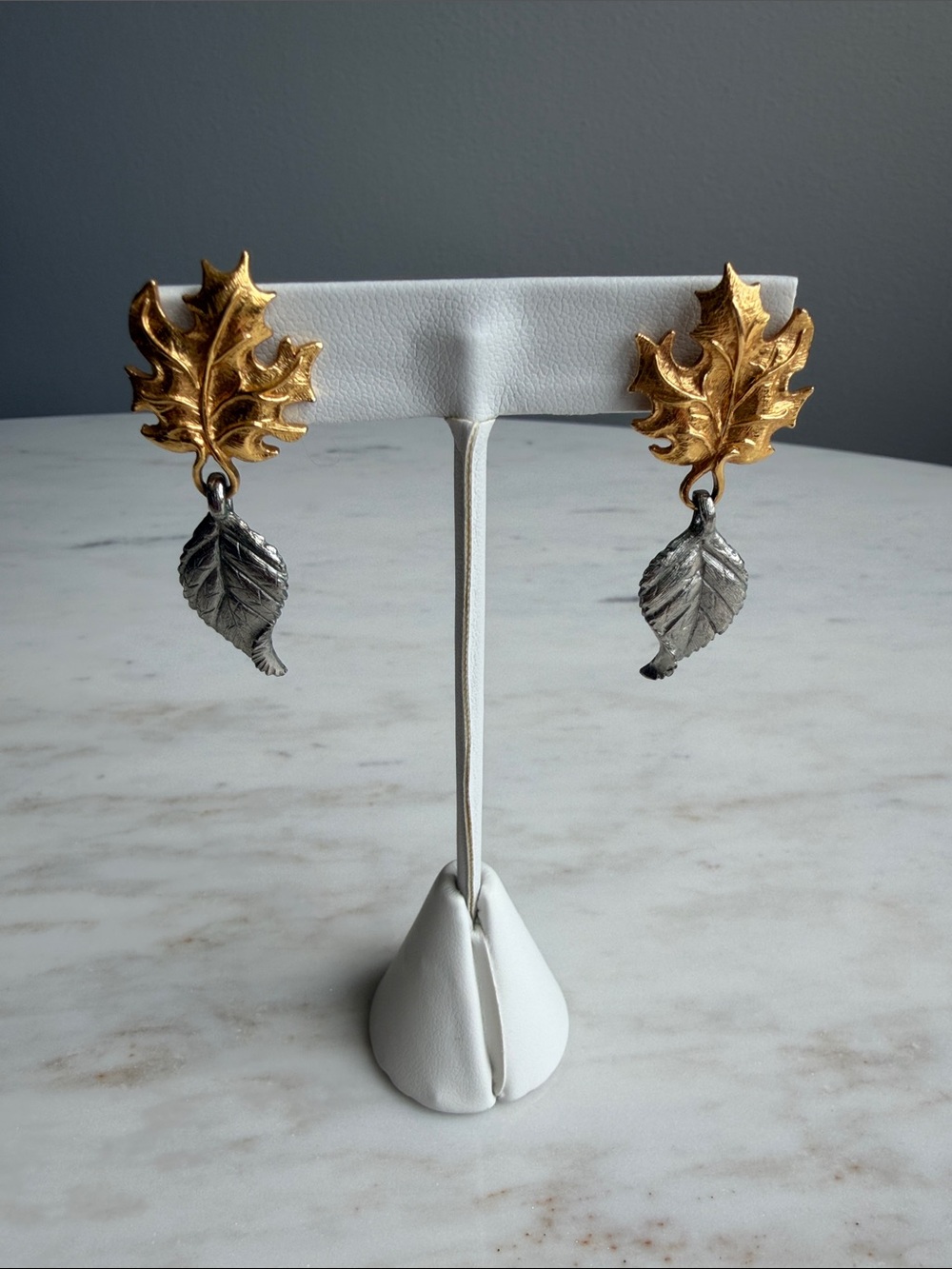 Vintage Avon Leaf Two Toned Gold and Silver Drop Earrings